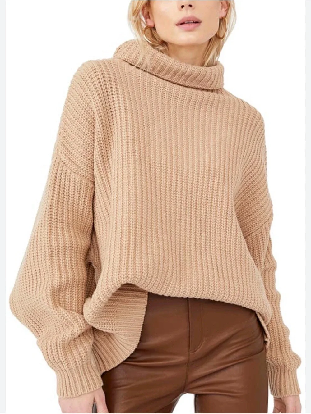Free People Chunky Cowl Neck Sweater - Camel